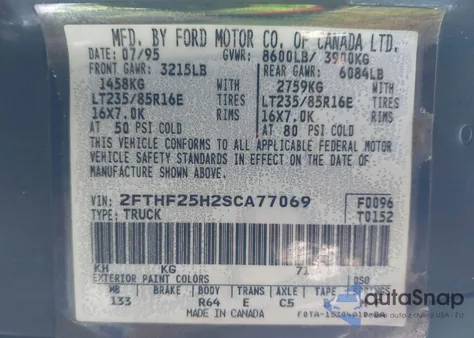 1995 Ford F250 из США, поврежденный, VIN 2FTHF25H2SCA77069